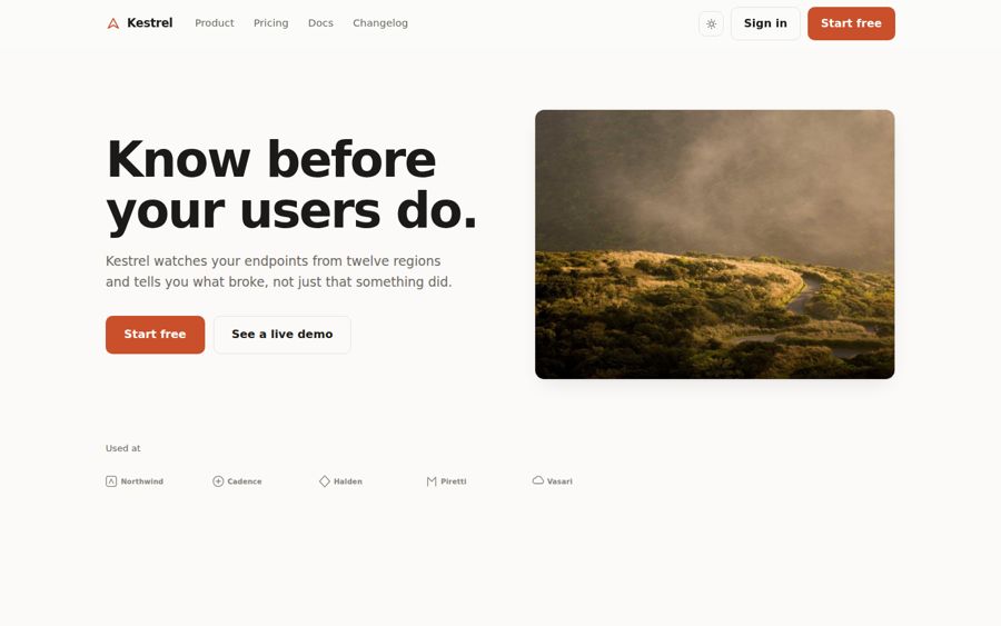 The Kestrel template, showing a split hero with a headline and product image.