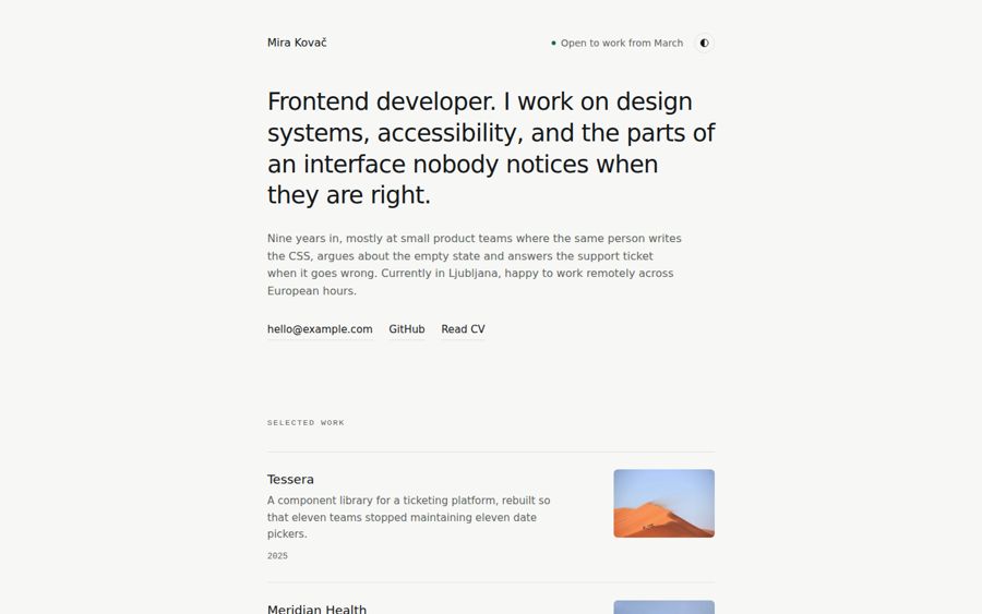 The Wren template, showing a typographic portfolio with a project list.